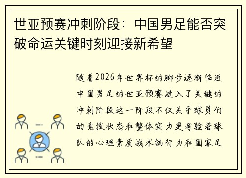 世亚预赛冲刺阶段：中国男足能否突破命运关键时刻迎接新希望