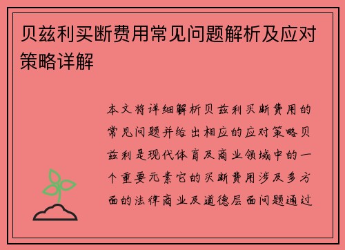 贝兹利买断费用常见问题解析及应对策略详解