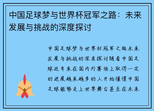 中国足球梦与世界杯冠军之路：未来发展与挑战的深度探讨